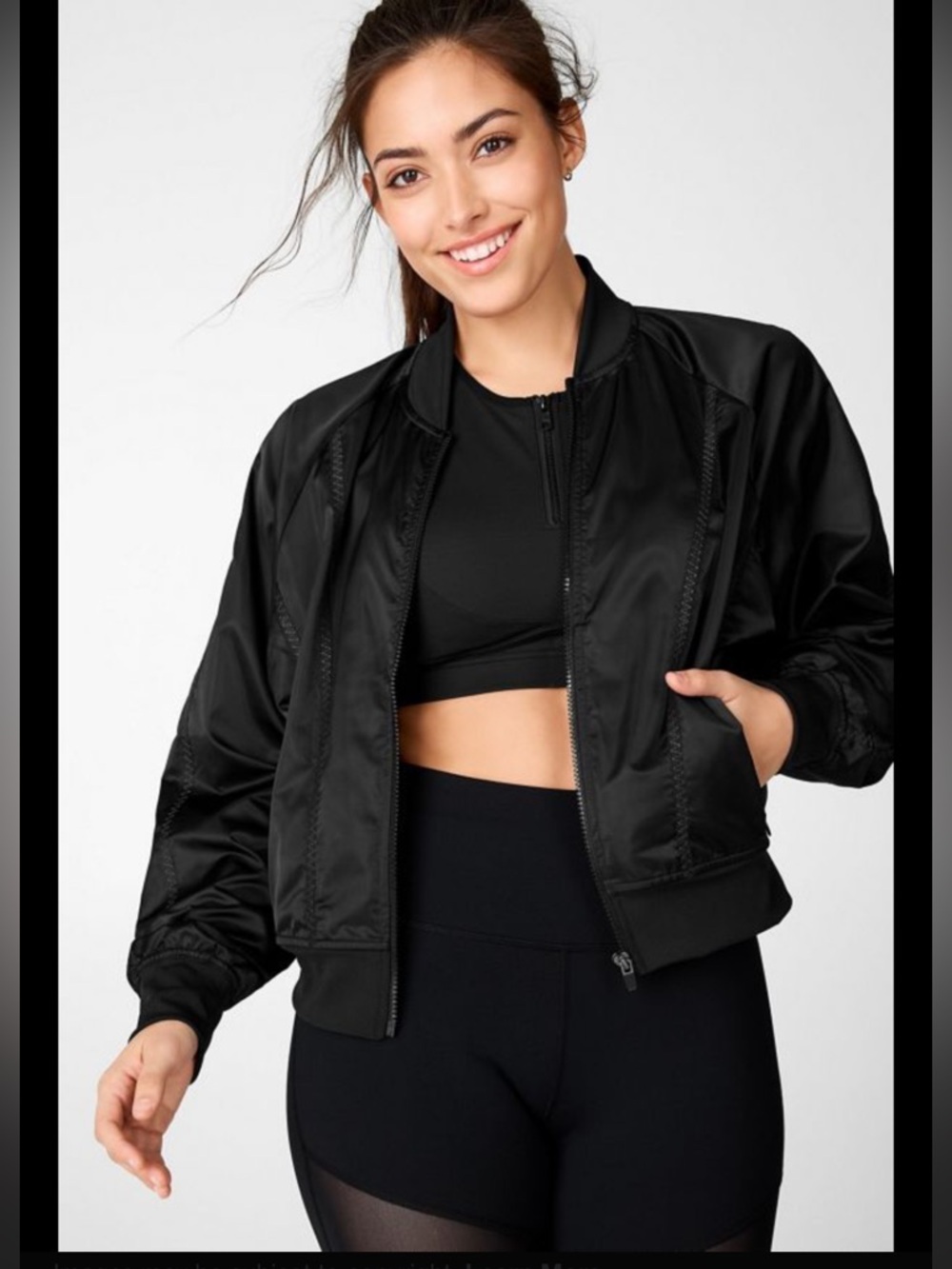 Fabletics Tori Woven Black Satin-Look Bomber Jacket